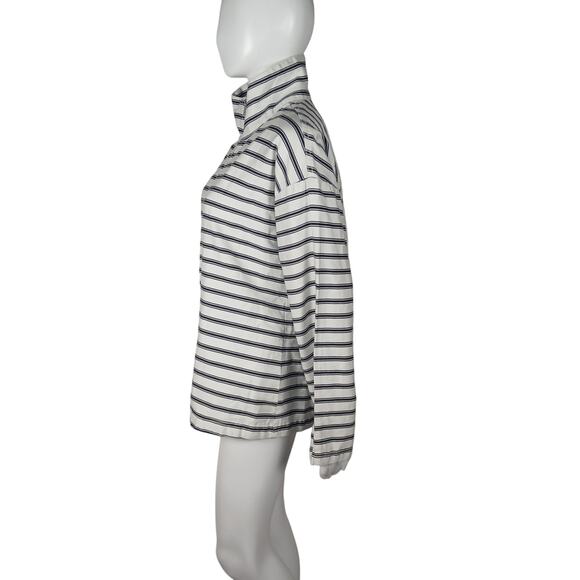 Liz Claiborne Size M Mockneck Zip Up Horizontal Striped Navy Blue White Pockets - Picture 4 of 9